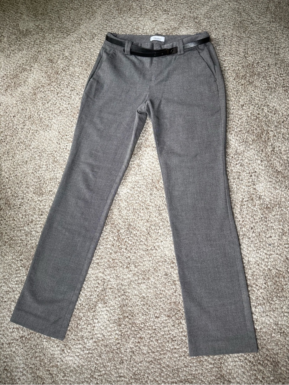 Calvin Klein Women’s Gray Straight-Leg Dress Pants with Black Belt